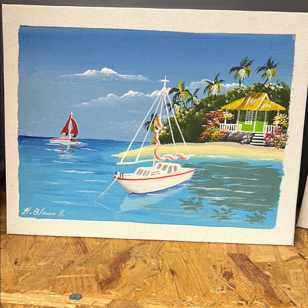 Tropical Beach Canvas Art with Sailboats